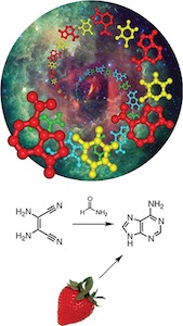 Artistic scientific illustration showing nucleobase molecular structures (upper half) transforming via formaldehyde into adenine, with a strawberry below symbolizing the prebiotic chemistry connection (origin of life research context)