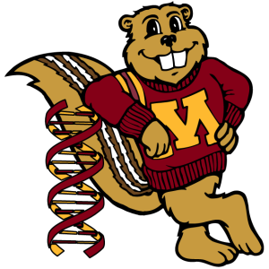 Goldy Gopher mascot leaning on a DNA double helix